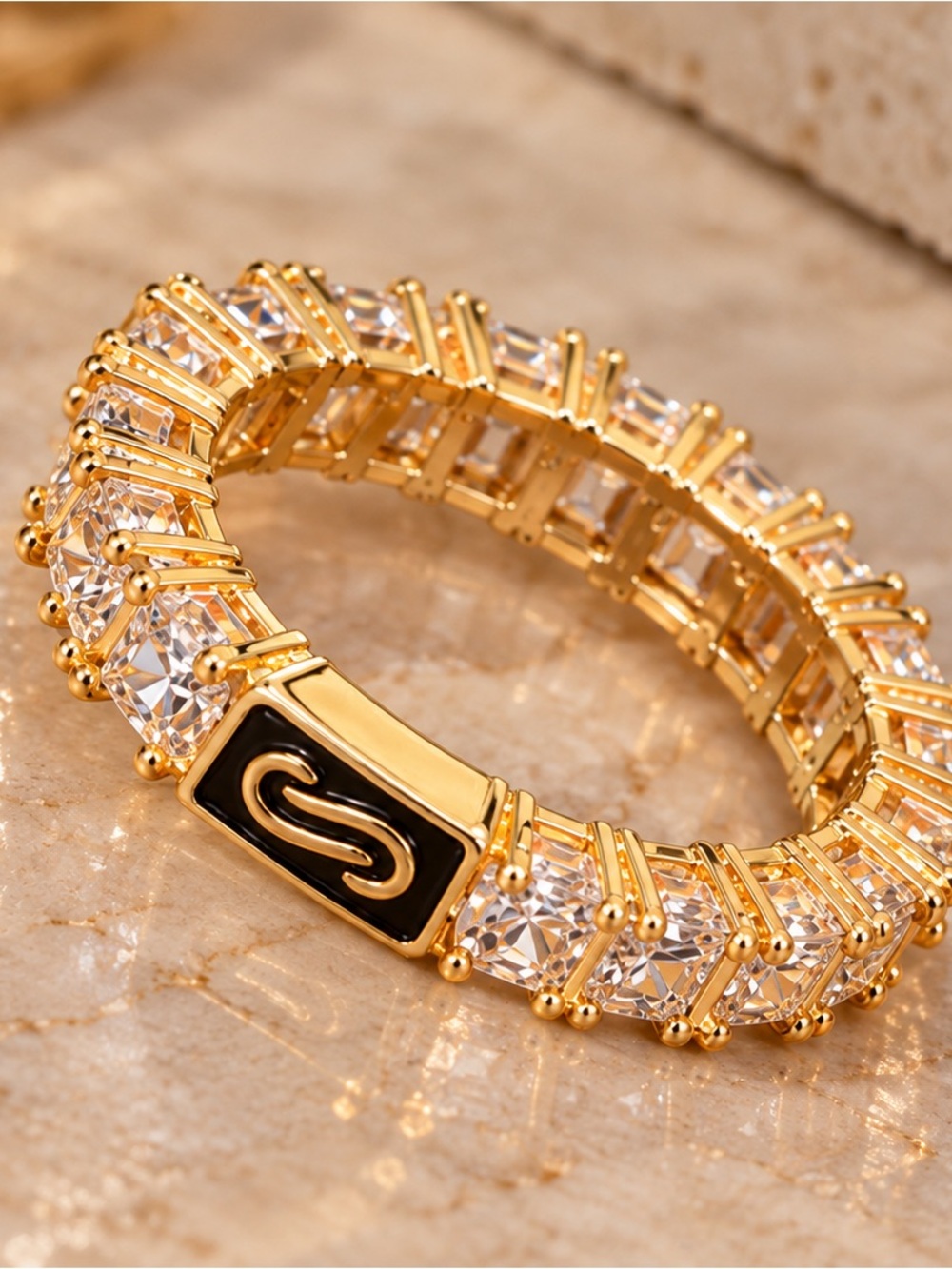 14K Gold Filled Clear Stone Eternity Ring Black Enamel Accent Unisex Size 9.